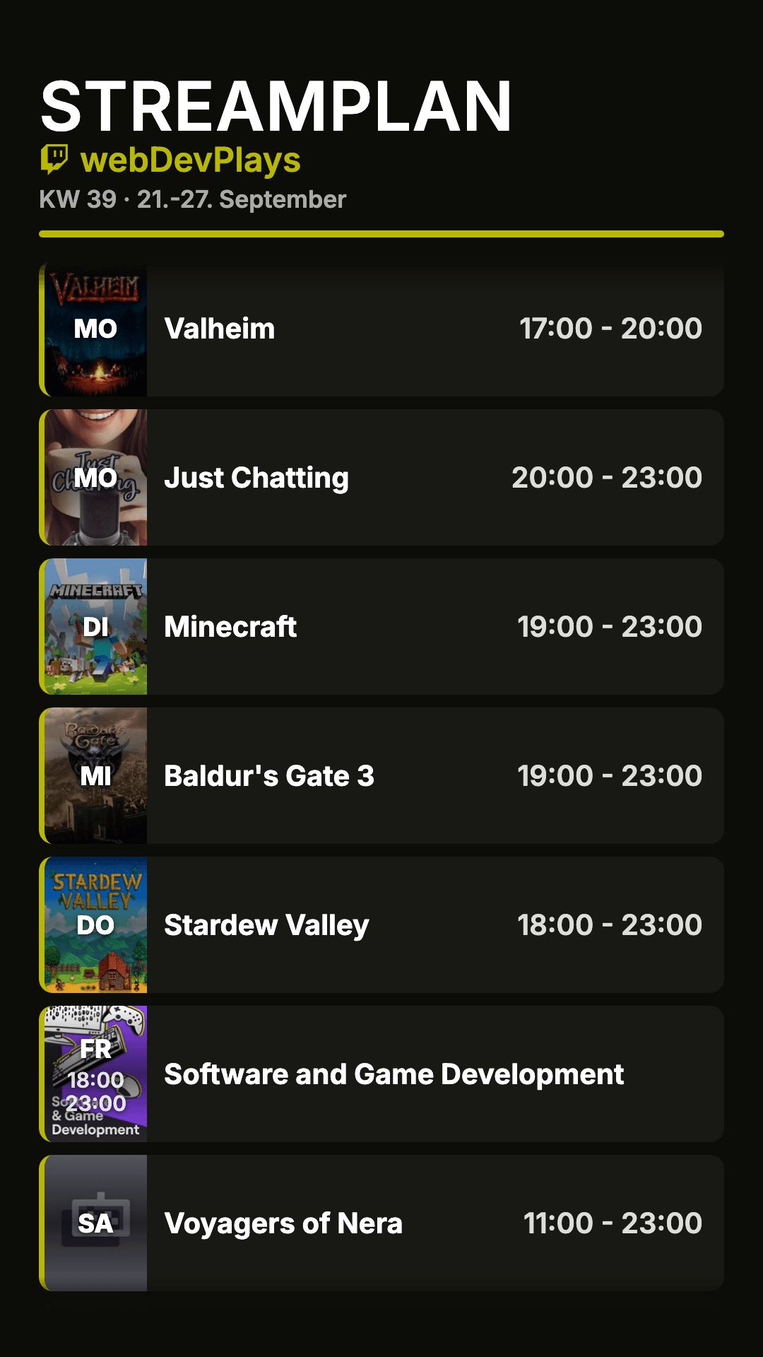 Die eingetragene Woche als fertiger Streamplan im Hochformat