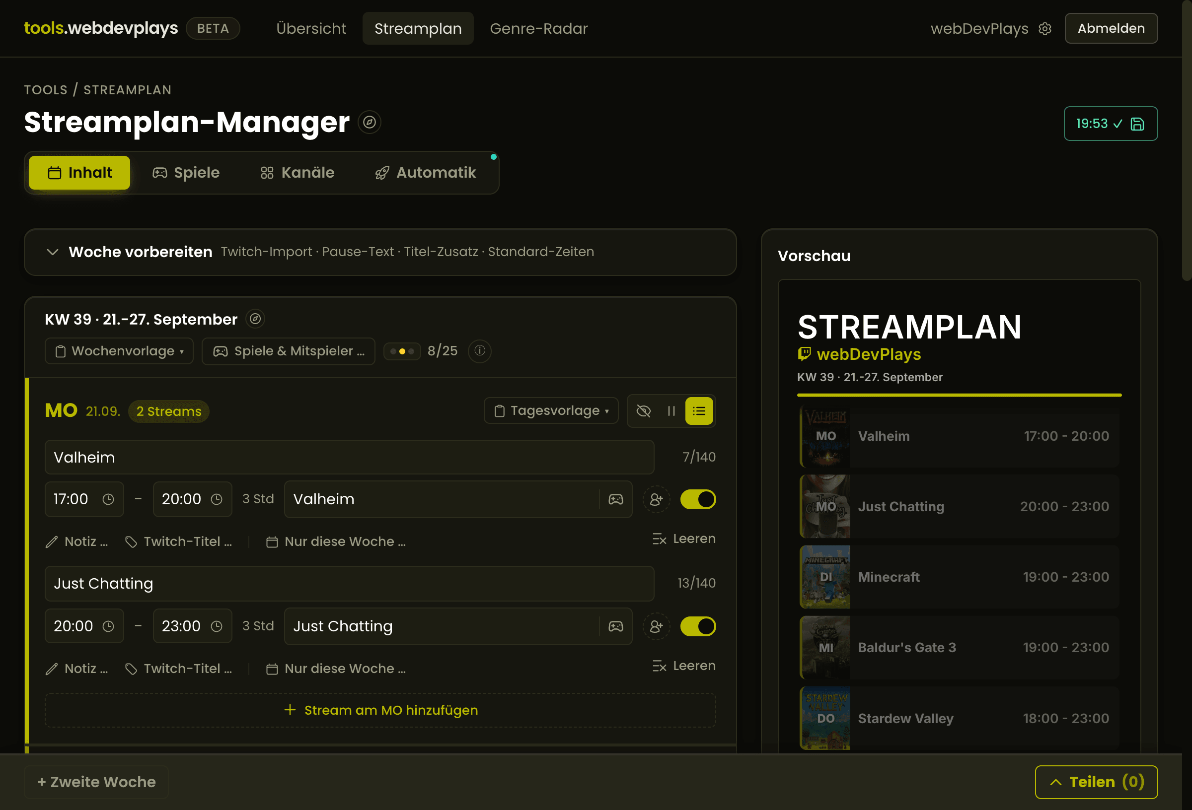 Der Reiter Inhalt im Streamplan-Manager mit einer eingetragenen Woche